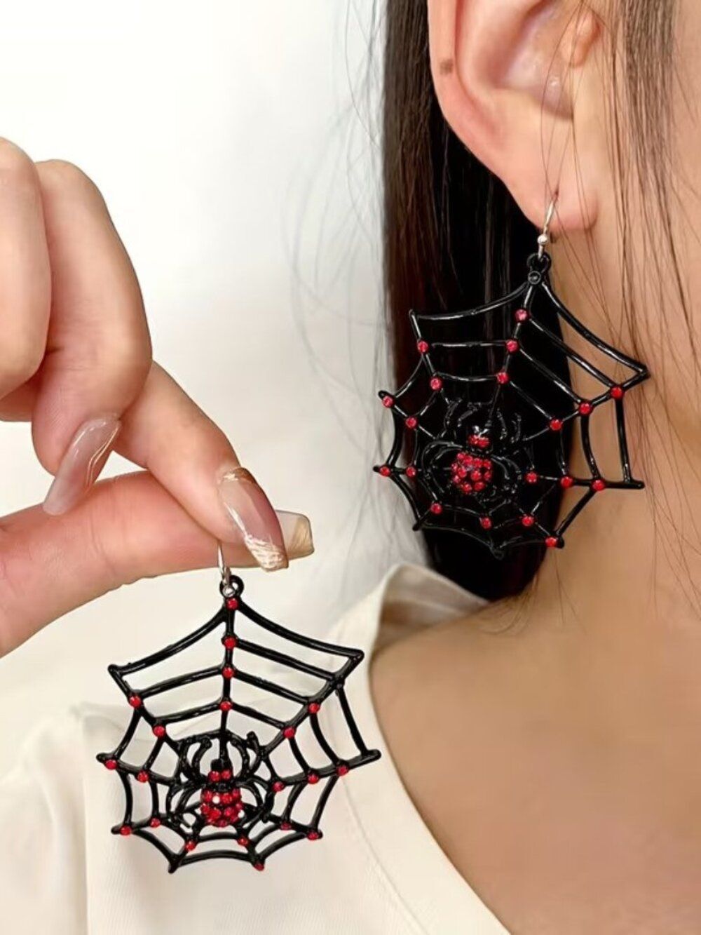Pair of Halloween Dark Gothic Inlaid Red & Black Spider Web Earrings
